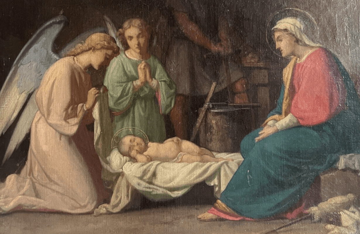 Antique Painting Original 19th century Religious Christ, Mary, Apostles Nativity