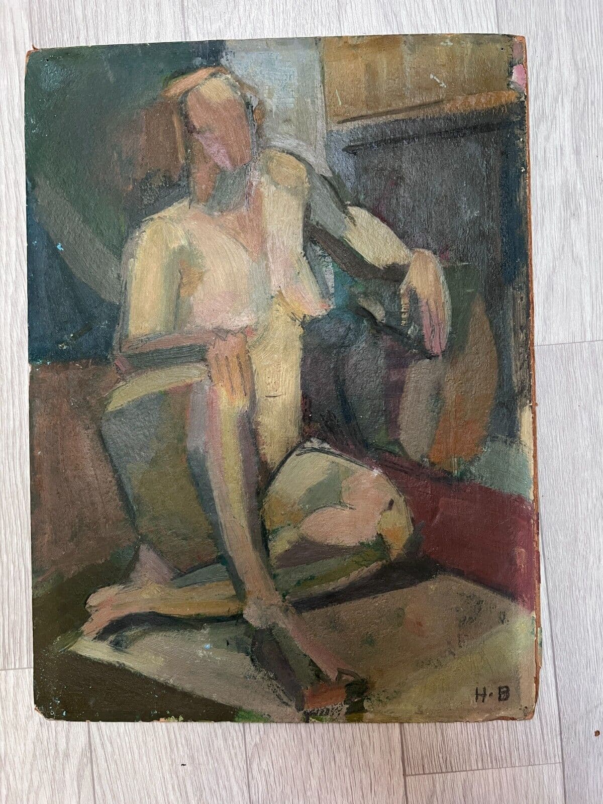 Painting signed Nude Cubist Woman Portrait