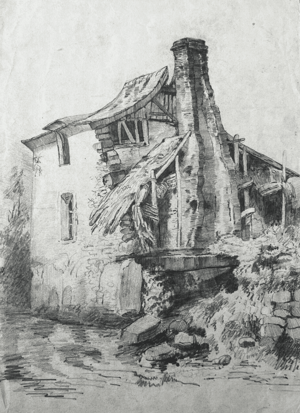 19th century Original Antique Pencil Drawing Landscape House, Farm by River