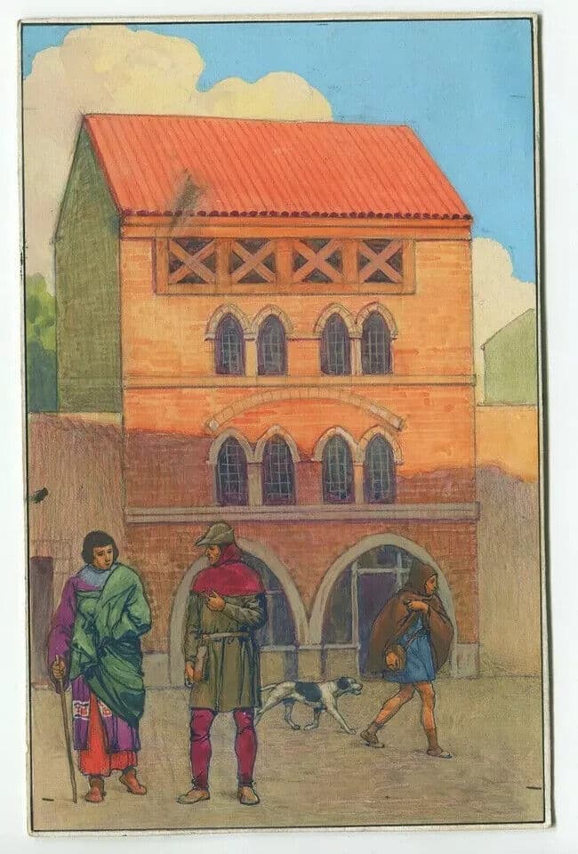 Vintage Drawing Gouache Illustration House 12th century Artwork