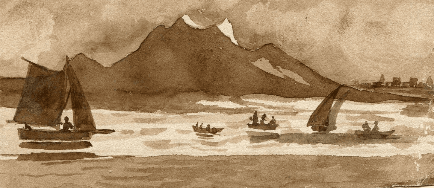 Antique Ink Drawing Original 19th century Mountain, Boats, Sea, Maritime