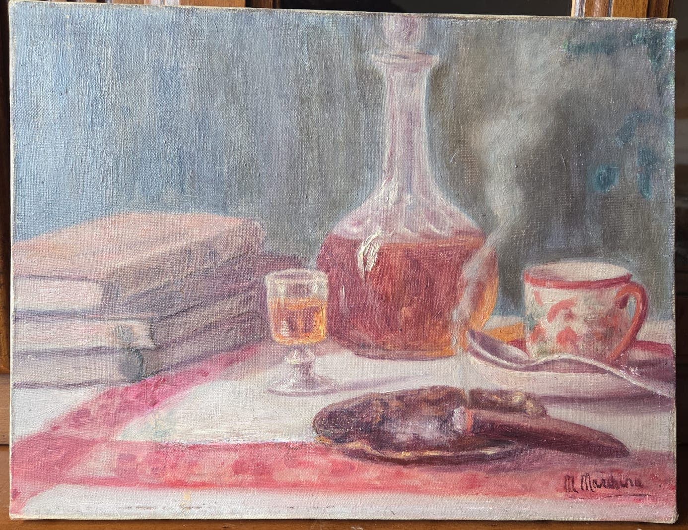 Antique Painting Original Still Life, Drinks, Tea, Cigar, Books signed image 2