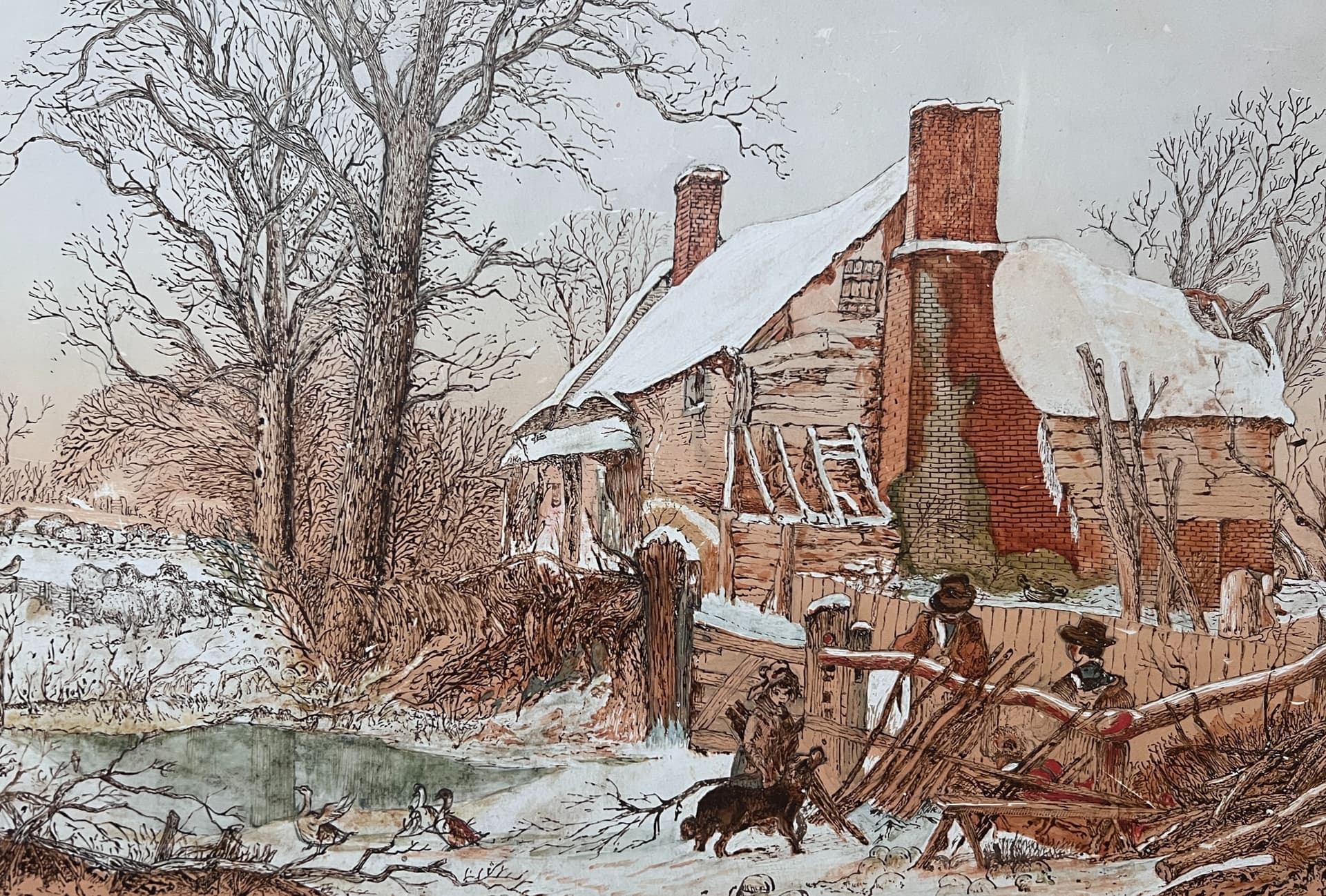 Drawing Winter Landscape Family and Dog by a House