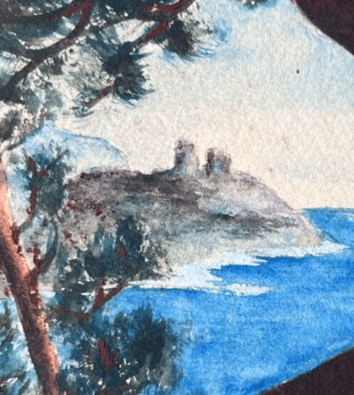Vintage Original Drawing Seaview, Landscape, Trees, Castle image 2