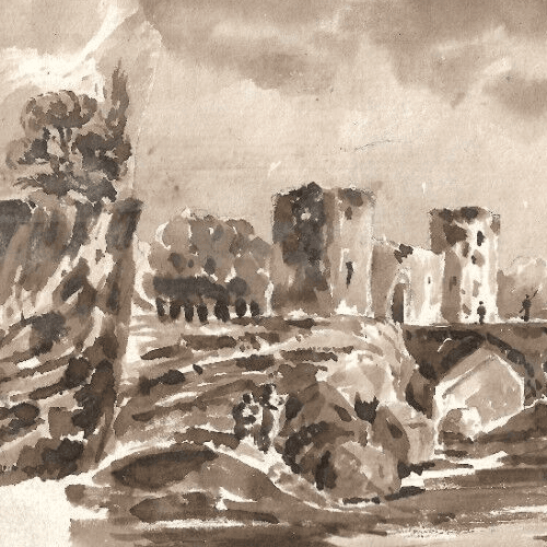 Antique Ink Drawing 19th century Landscape, People, Bridge, Tree, Cityscape image 4