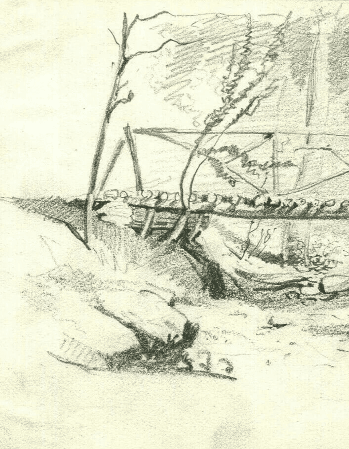 Antique Original Pencil Drawing Landscape, Bridge, Forest, Trees and River image 2