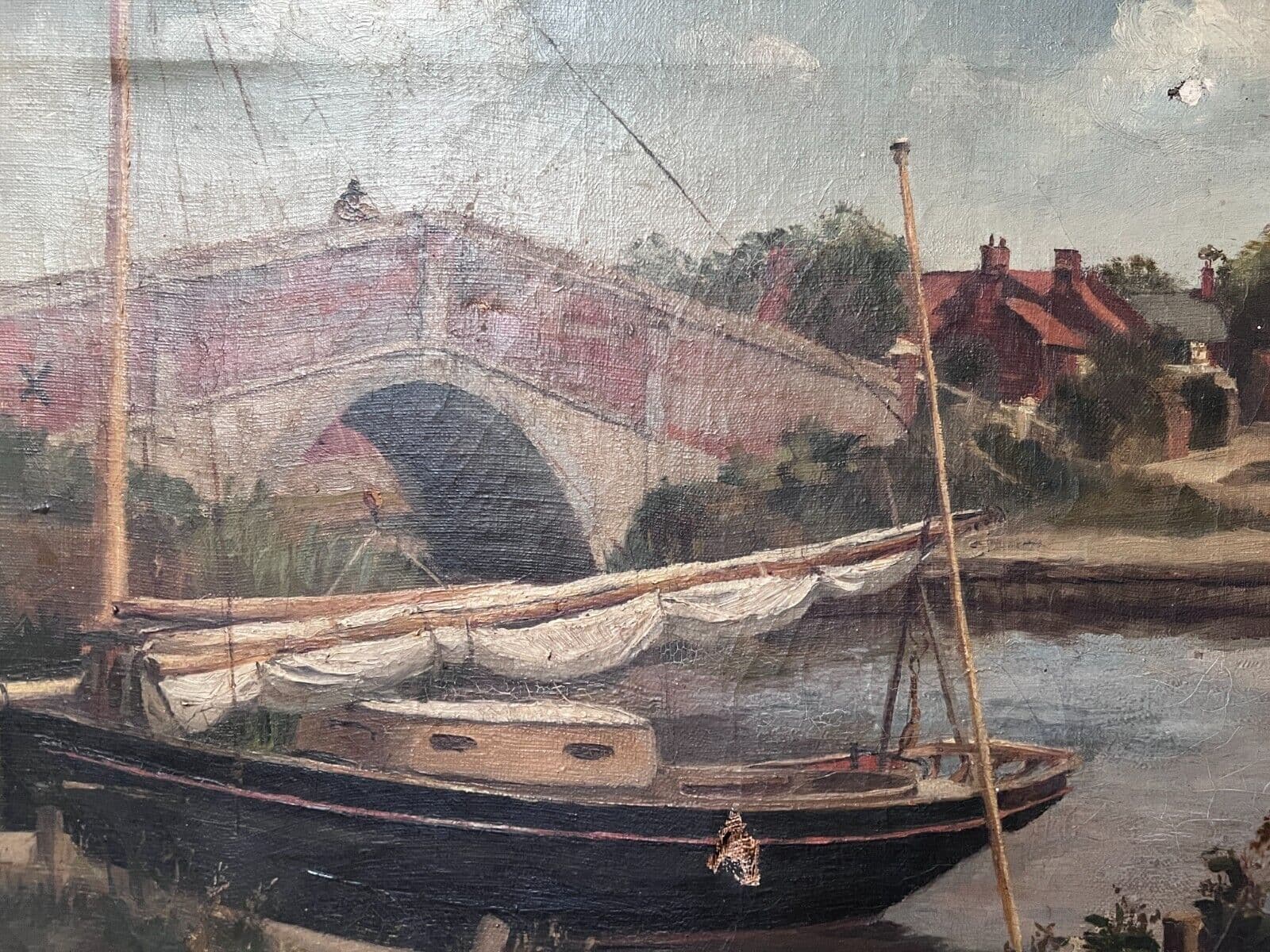 Antique Oil Original Painting Landscape, Bridge, Town and Boat 19th century