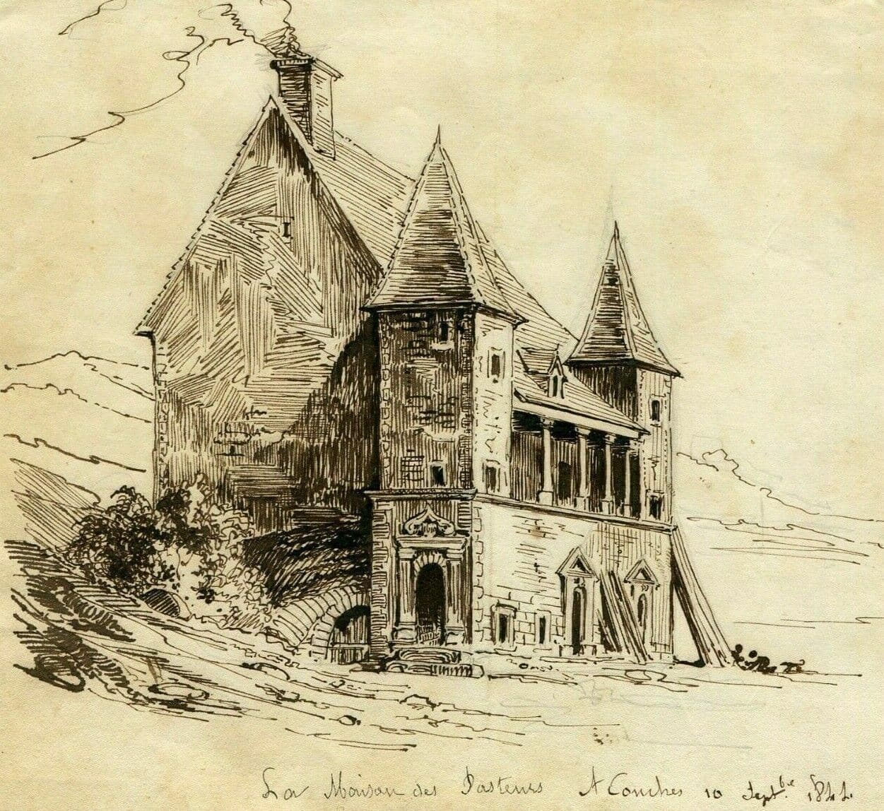 Antique Ink Drawing 19th century Conches Landscape 1841