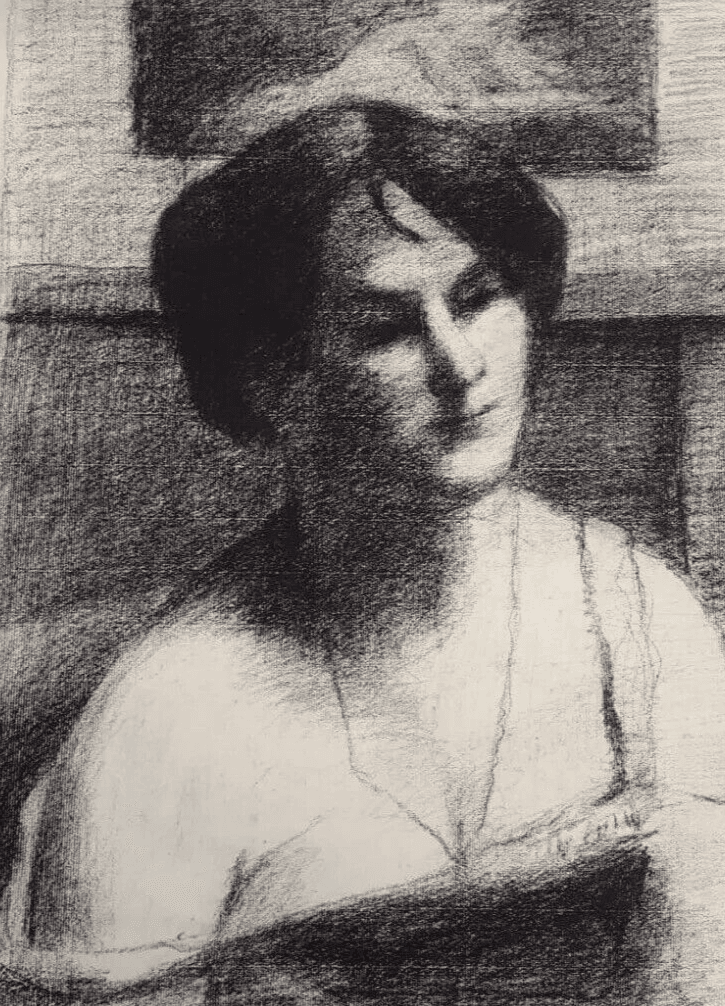Antique Drawing Charcoal Woman Portrait with Necklace