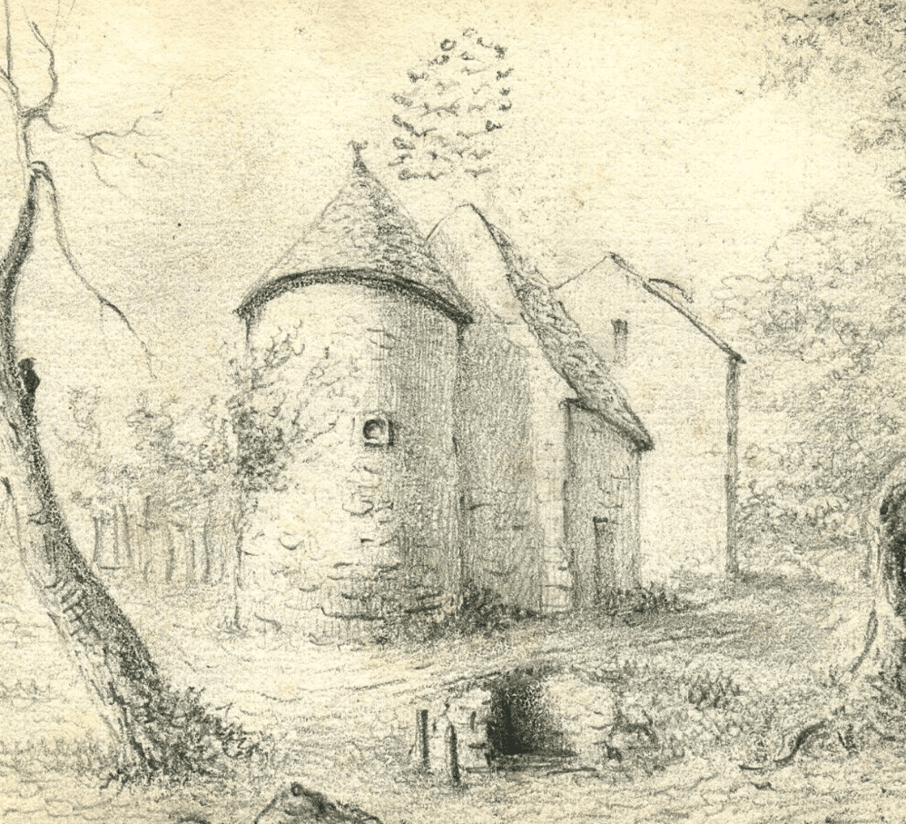 Antique Pencil Original Drawing 19th century Lagny Farm Landscape, Oise