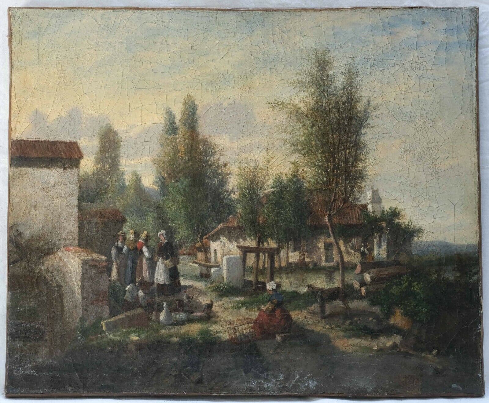 Painting Bretonnes Women in a Landscape, Houses
