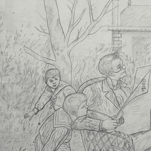 Antique Original Drawing People, Children, Dogs, Life Scene image 3