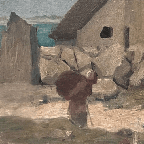 Antique Original Painting Landscape, Woman, House, Bretagne, Working Life image 2