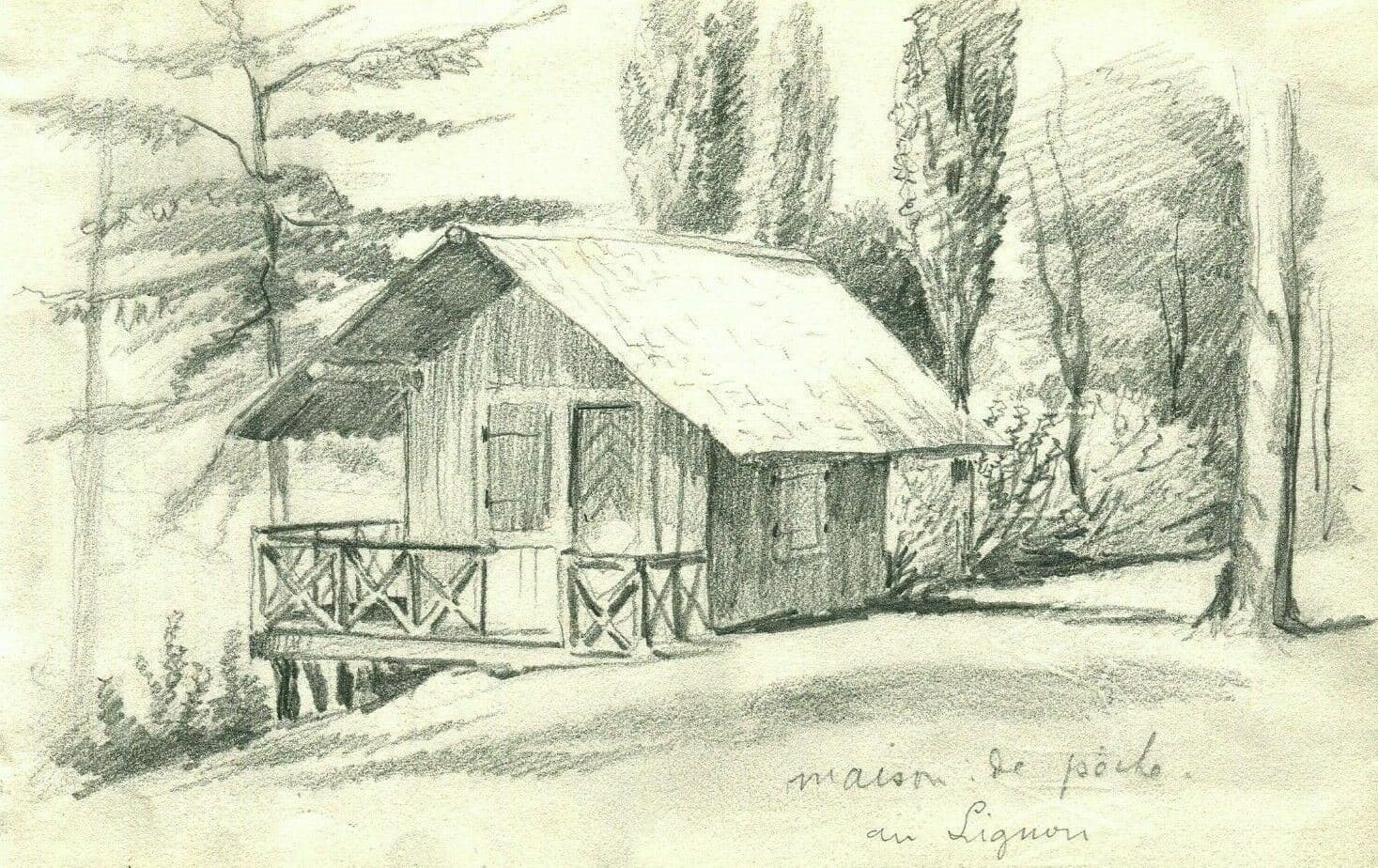 Antique Pencil Drawing House of Poche in Lignon, Landscape