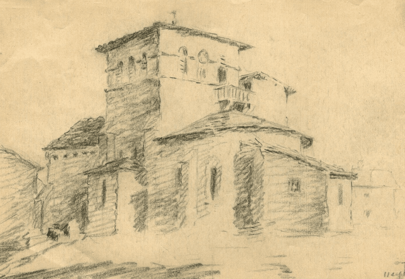 Vintage Pencil Signed Drawing Church, Monastery, Landscape, Architecture 1933 image 1