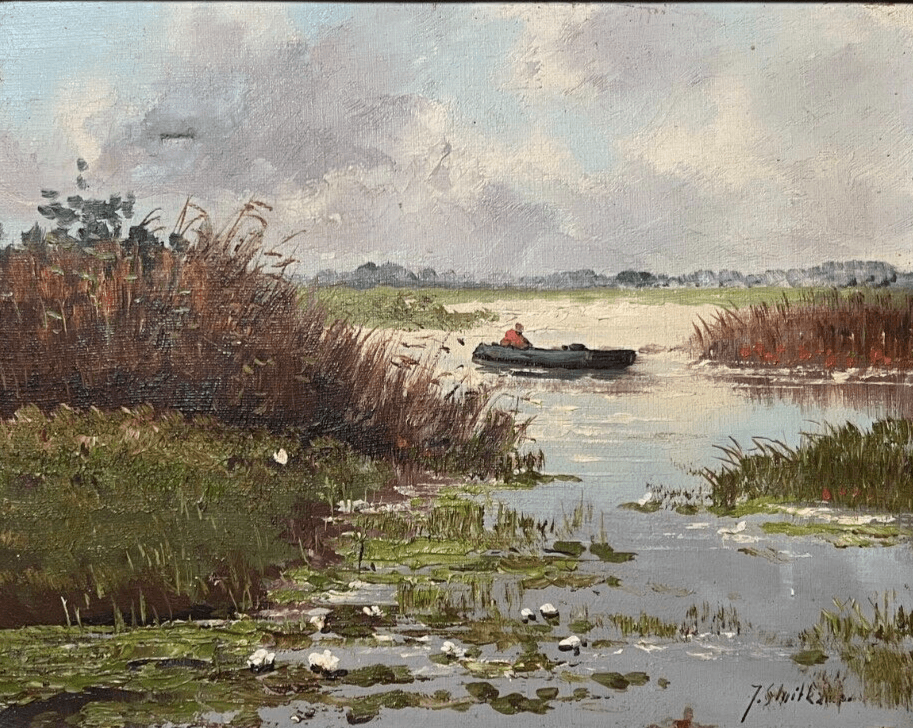 Antique Oil Painting signed Lake River Landscape Man on Boat