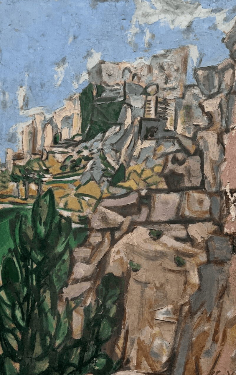 Antique Original Painting Cityview Landscape, Mountain