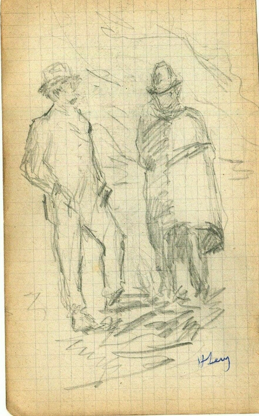 Antique Pencil Original Drawing Men Figures with Hats Sketch, Artwork Signed image 1
