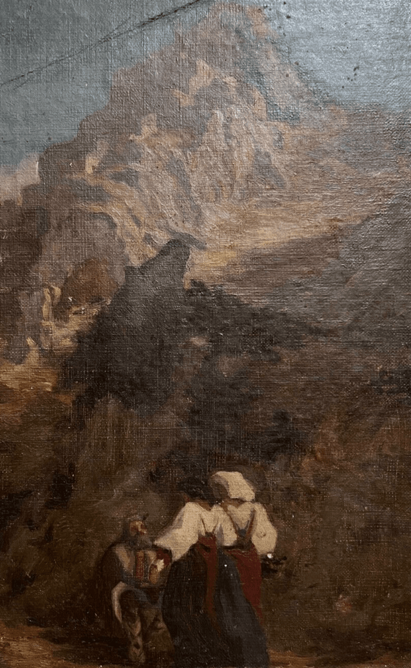 Antique Painting Original 19th century Religious, Women, Mountain, Landscape