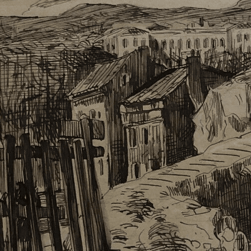 Vintage Original Drawing Cityview Mountain, Fire, Landscape, Fire image 3