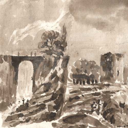 Antique Ink Drawing 19th century Landscape, People, Bridge, Tree, Cityscape image 2