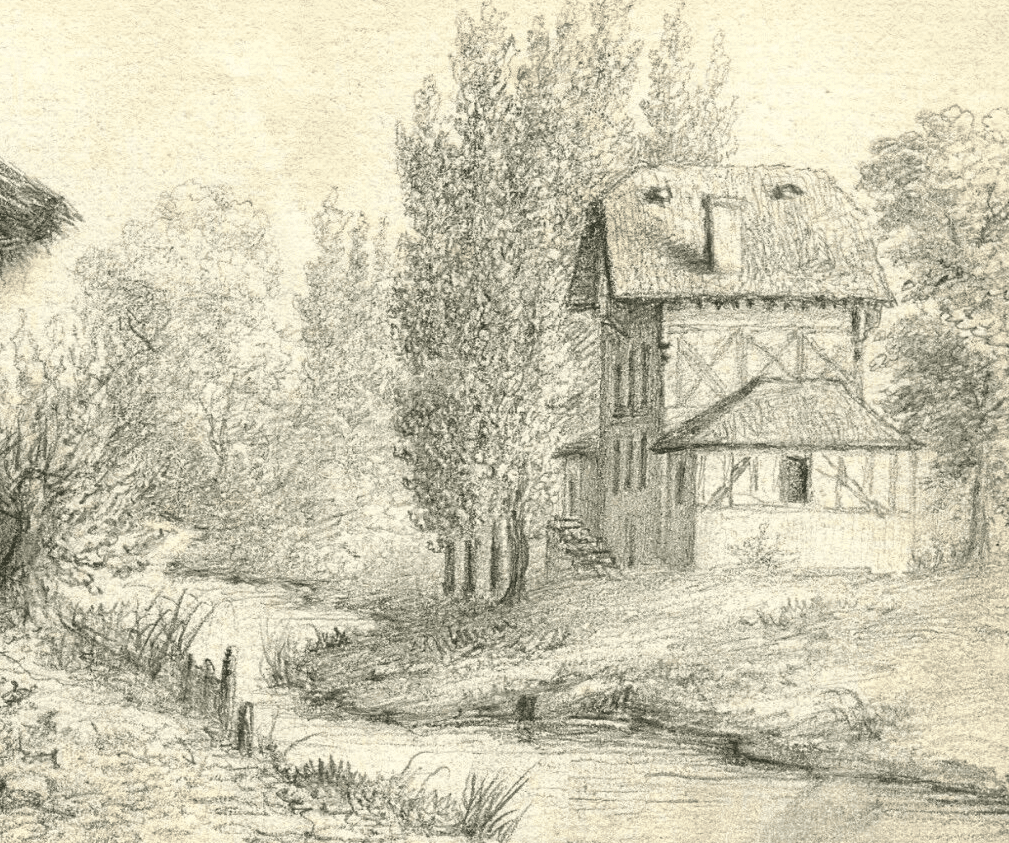 Antique Pencil Drawing 19th century Enghien-les-Bains, Landscape, House, Forest