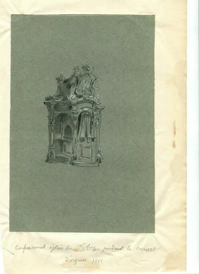 Antique Pencil Original Drawing Confessional Church of Friborg 1888 image 2