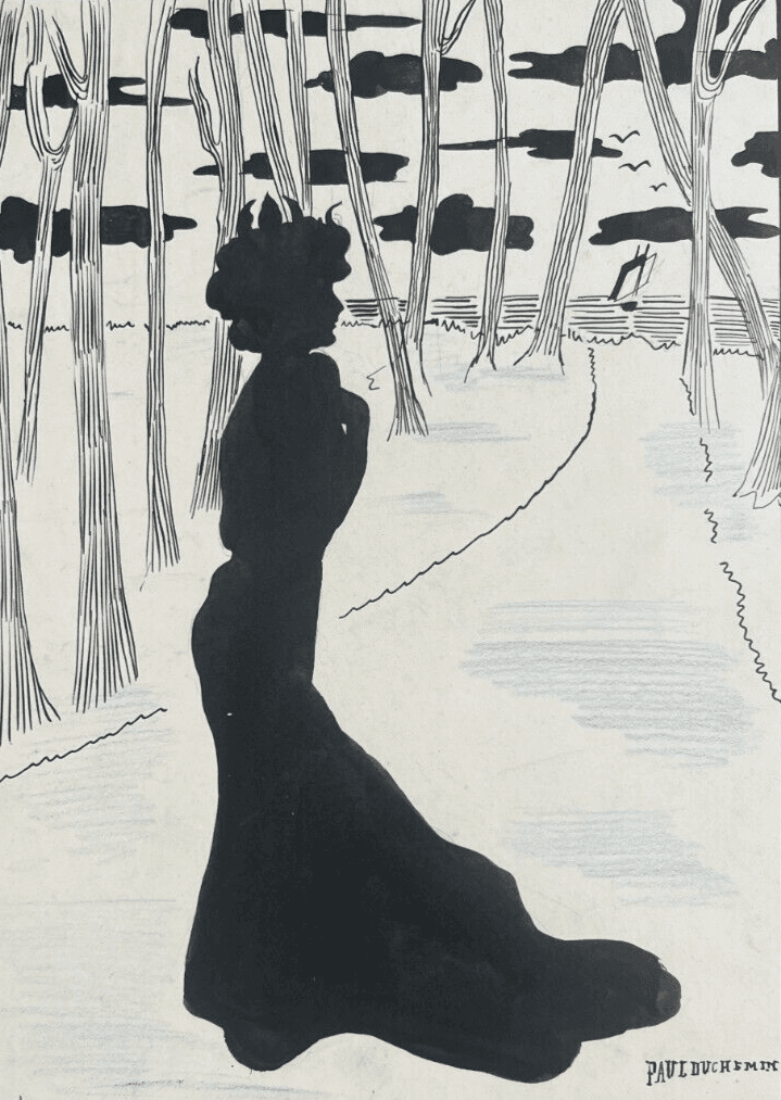 Antique Original Drawing Woman, Portait, Landscape, Tree, Sea signed