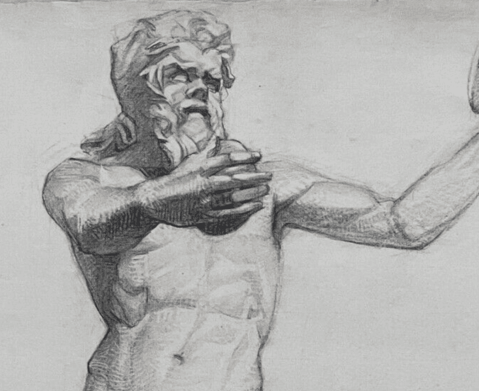 Antique Drawing Original Charcoal Portrait Nude Man Sculpture 19th century image 2