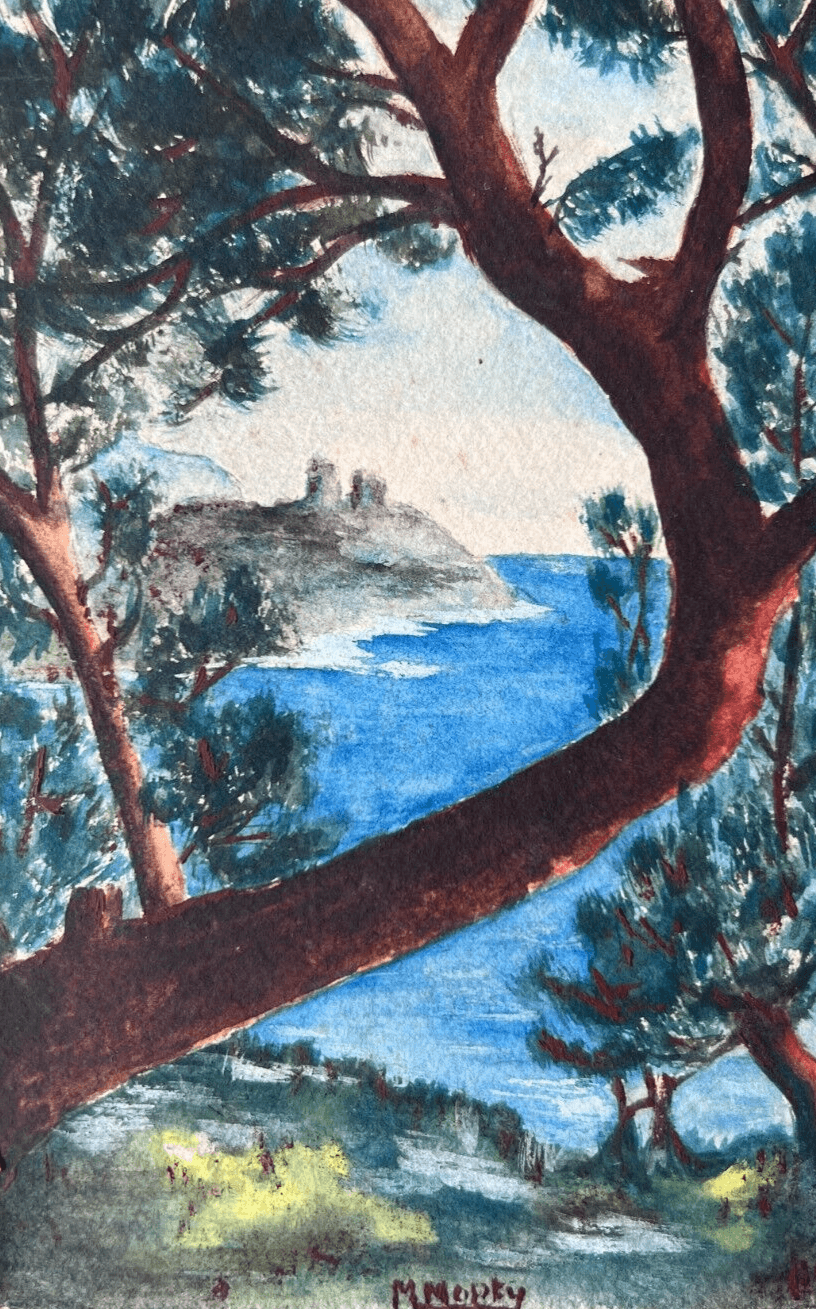 Vintage Original Drawing Seaview, Landscape, Trees, Castle