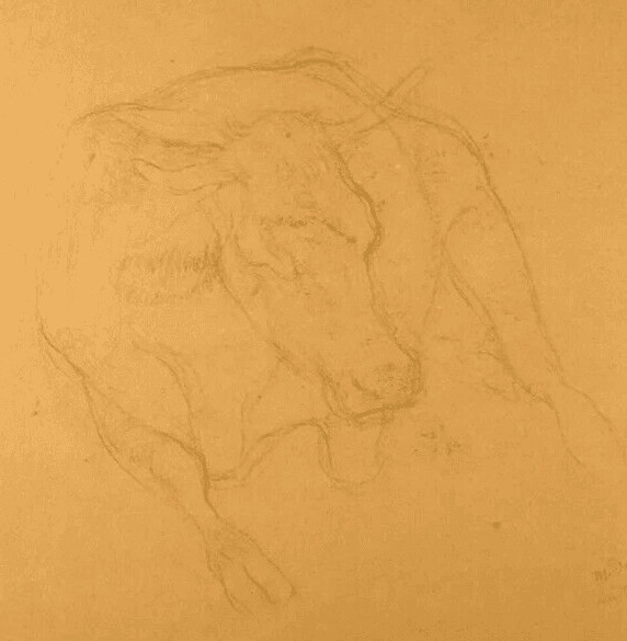 Antique Pencil Drawing Original 19th signed 1883 Cow, Animal