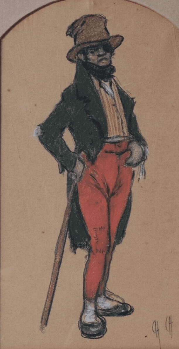 Drawing 19th century Man Portrait Cane and Hat