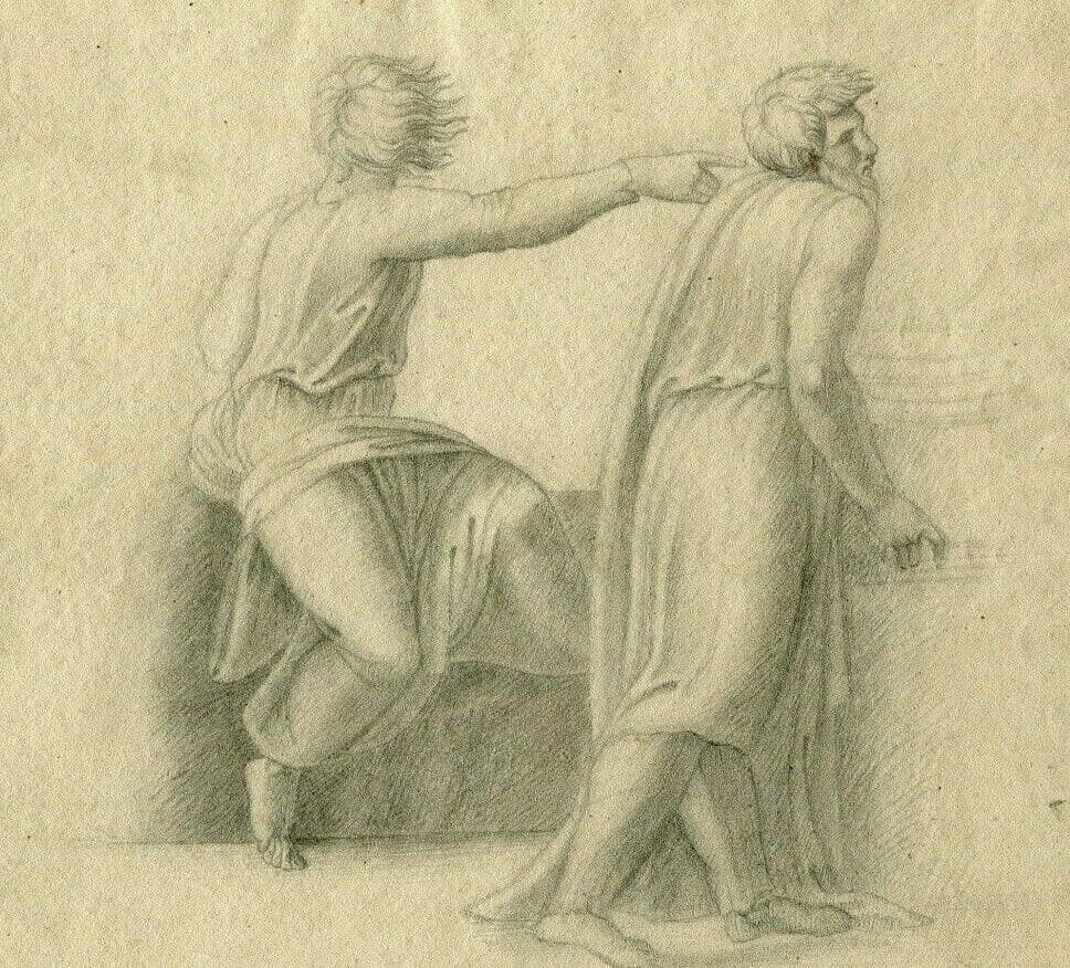 Antique Pencil Original Drawing 19th century Religious Scene, People