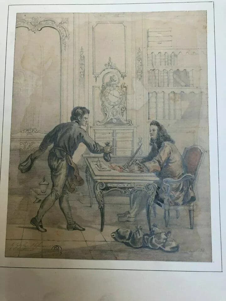 Antique Pencil Drawing 19th century La Fontaine, Financier - Dikéos Collection image 5