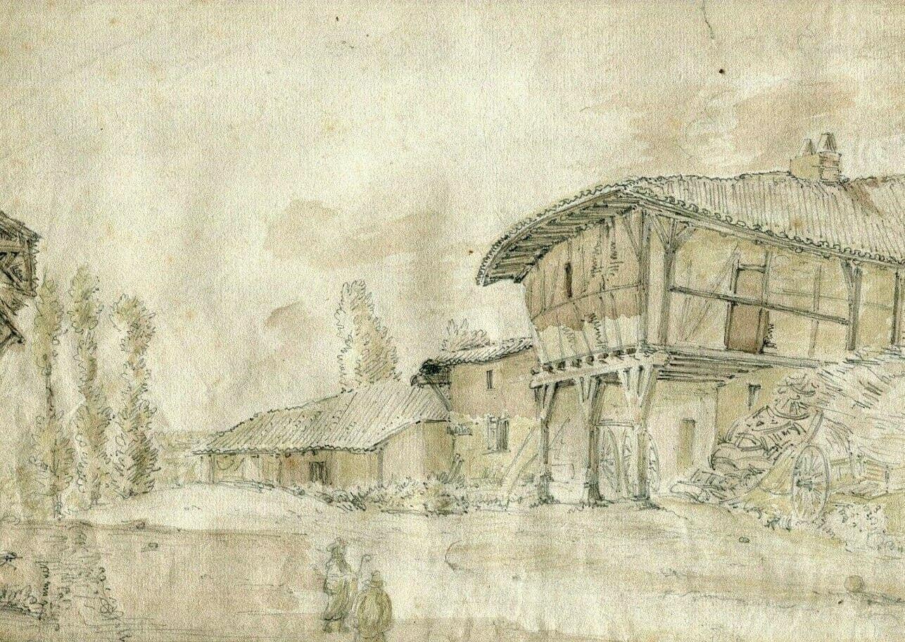 Drawing Landscape 19th century Village Farm People