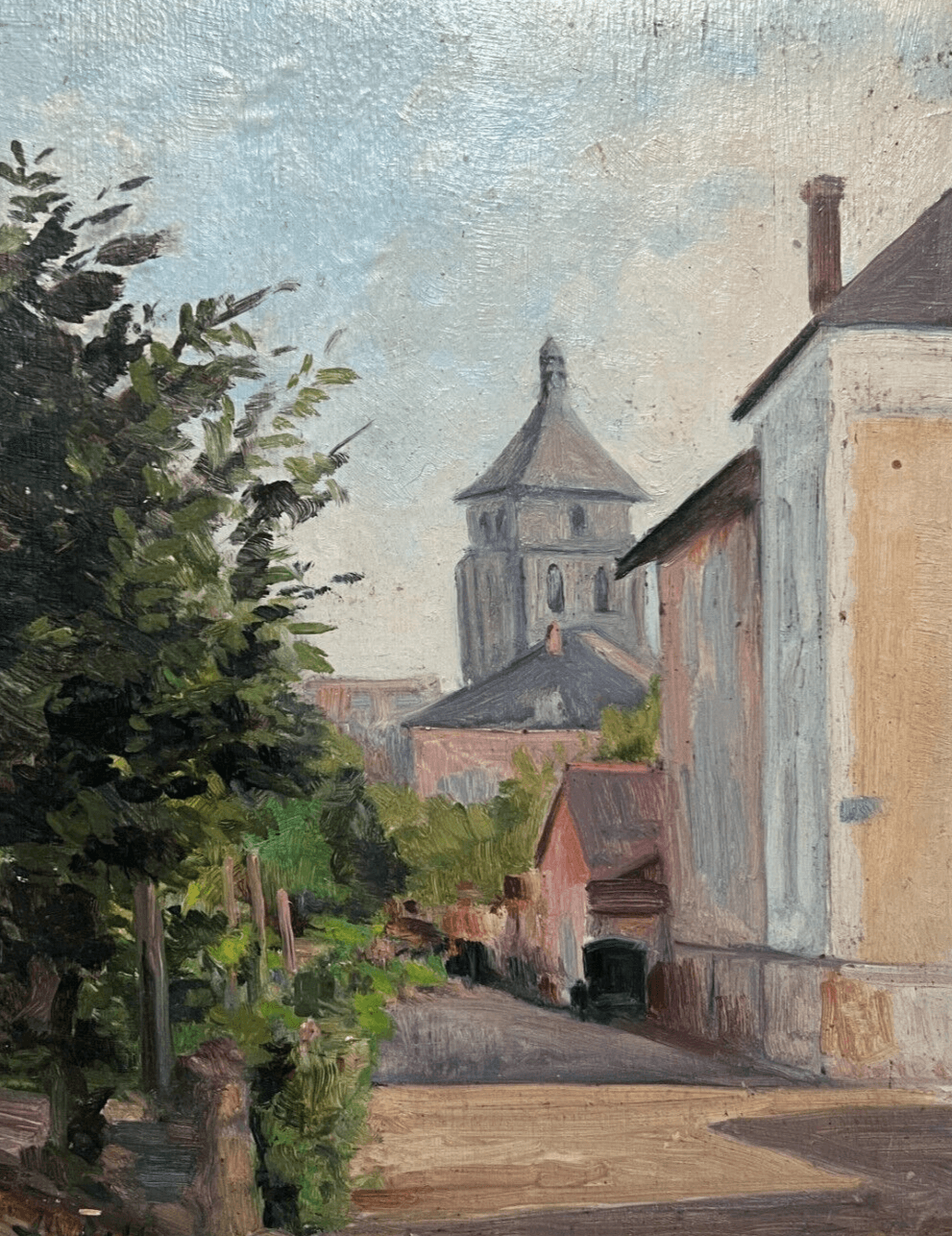 Antique Original Painting Landscape, Village, Trees, Forest signed image 1