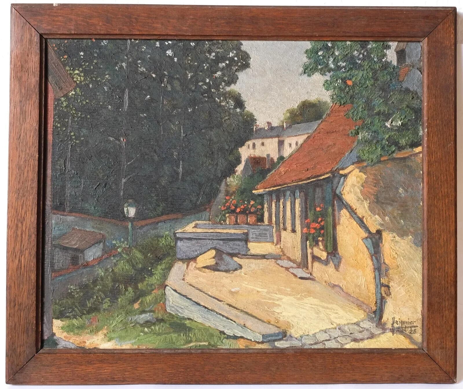 Antique Oil Painting Signed House Landscape, Cityview, Trees image 4