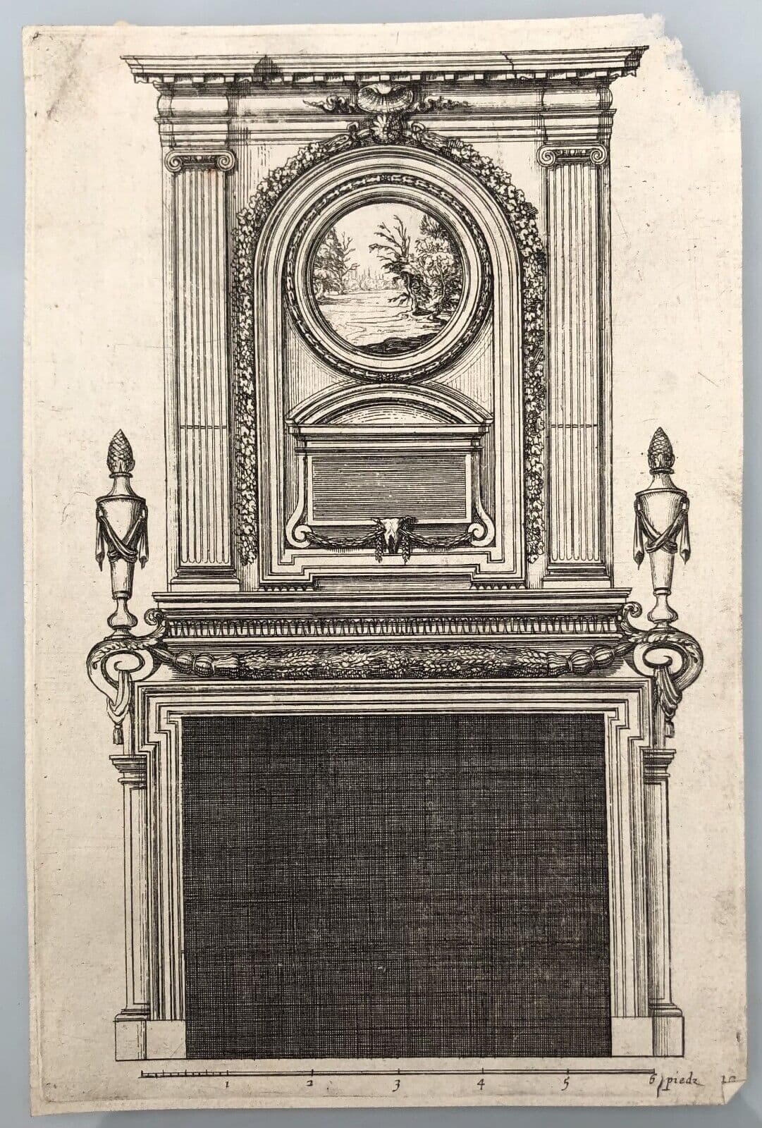 Etching Original Antique 17th century Architecture, Fireplace, Sculptures x4 image 8