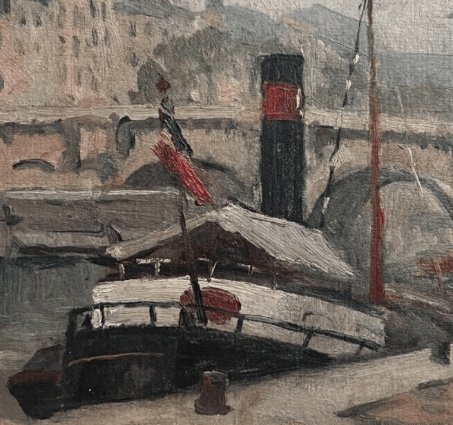 Vintage Oil Painting Maritime Cityview, Boat, City, Bridge, Quay signed, Seascap image 2