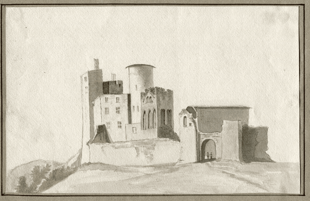 Antique Ink Drawing 0riginal 19th century Castle, Landscape, Architecture