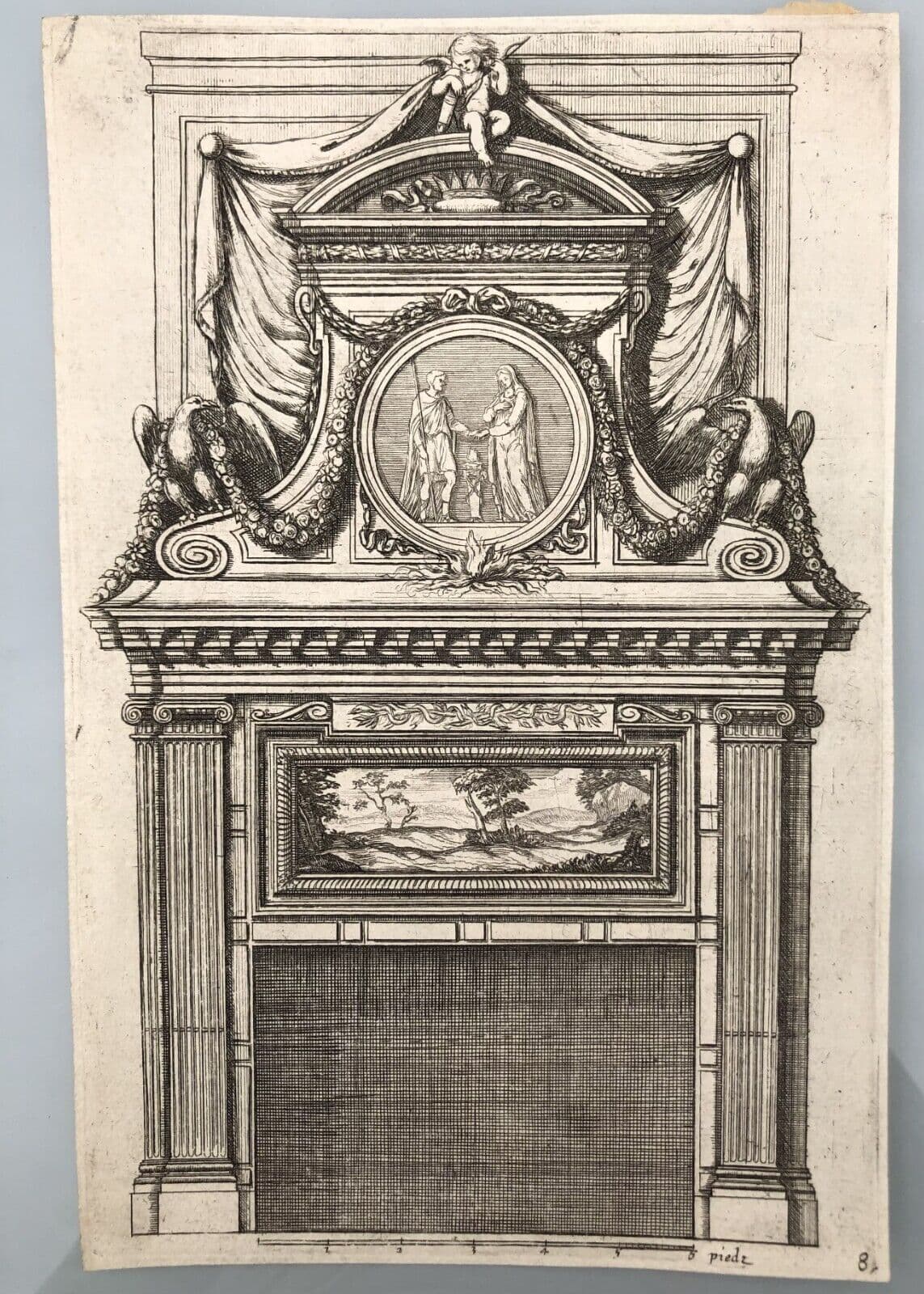 Etching Original Antique 17th century Architecture, Fireplace, Sculptures x4 image 2