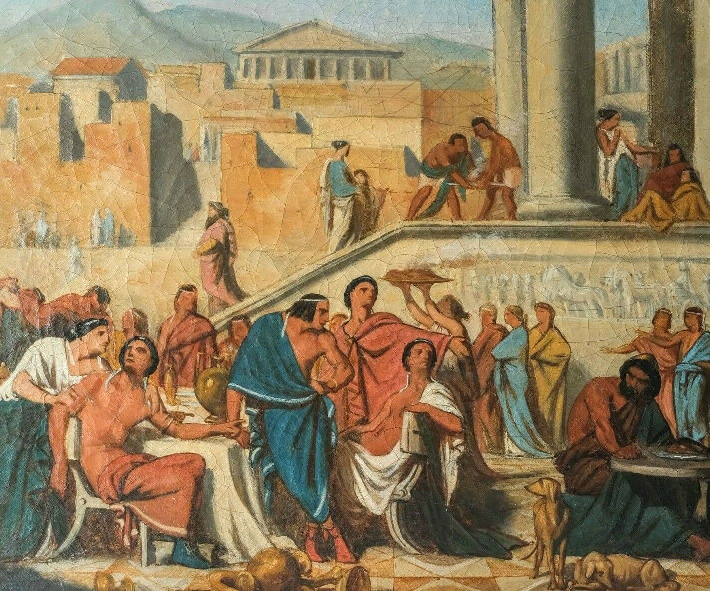 Antique Painting Original Old 19th century Banquet Scene in Athens, People image 1