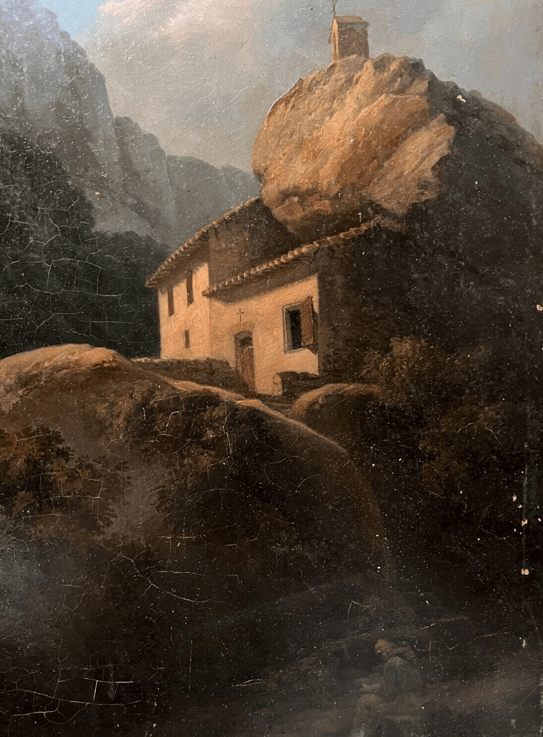 Antique Painting Original Landscape, House, Mountain, Religious, Meteora, Greece