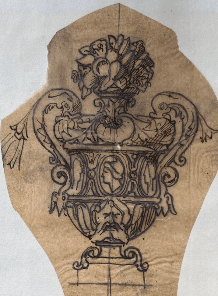 Antique Original Drawing Architecture, Vase, Decoration, Floral 19th century
