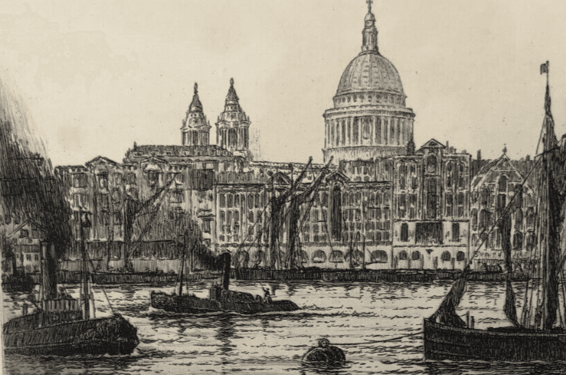 Antique Etching Original St. Paul's from the River Thames, Landscape