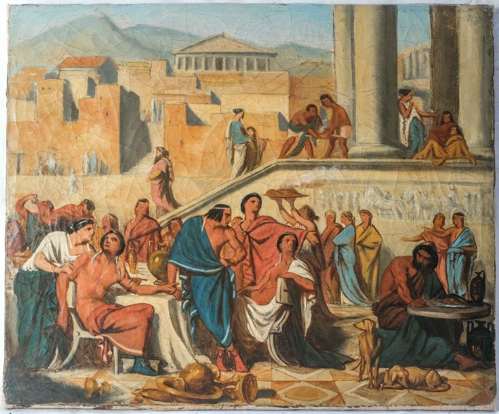Antique Painting Original Old 19th century Banquet Scene in Athens, People image 2