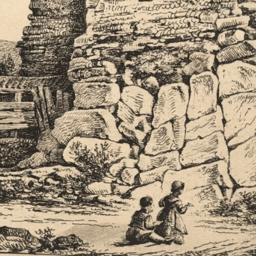 Antique Original Engraving Landscape, People, Children, House, Forest, Trees image 4