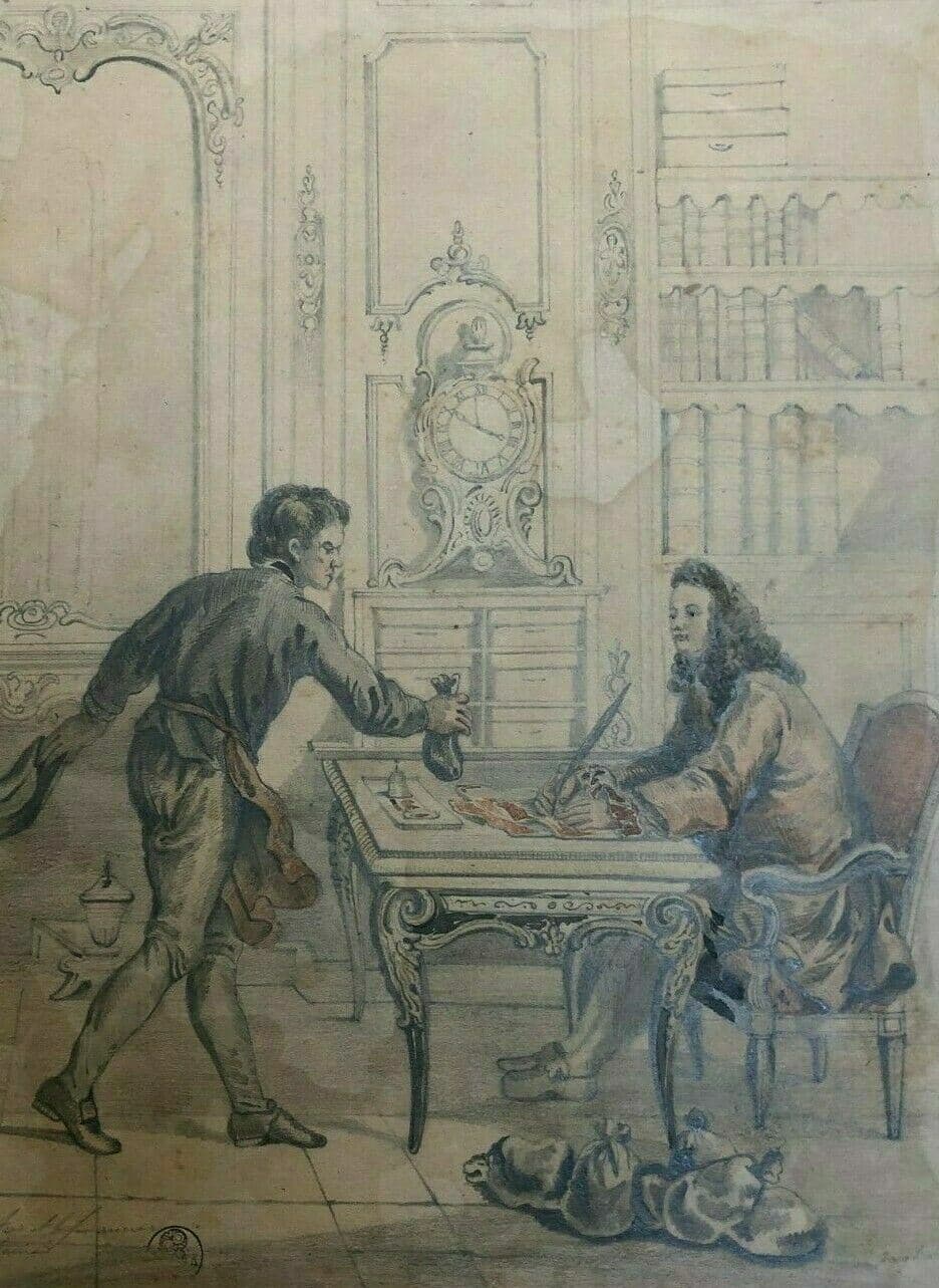 Antique Pencil Drawing 19th century La Fontaine, Financier - Dikéos Collection