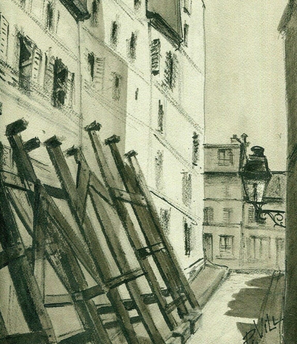 Vintage Ink Original Drawing City, War Time, Building signed Artwork