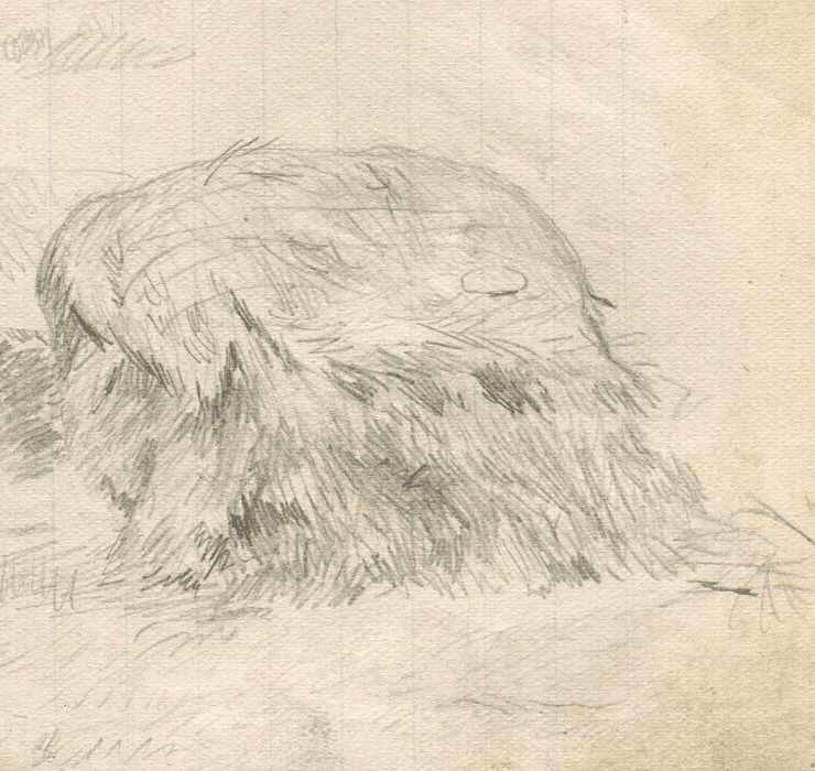 Vintage Pencil Original Drawing Landscape, Hay, Field